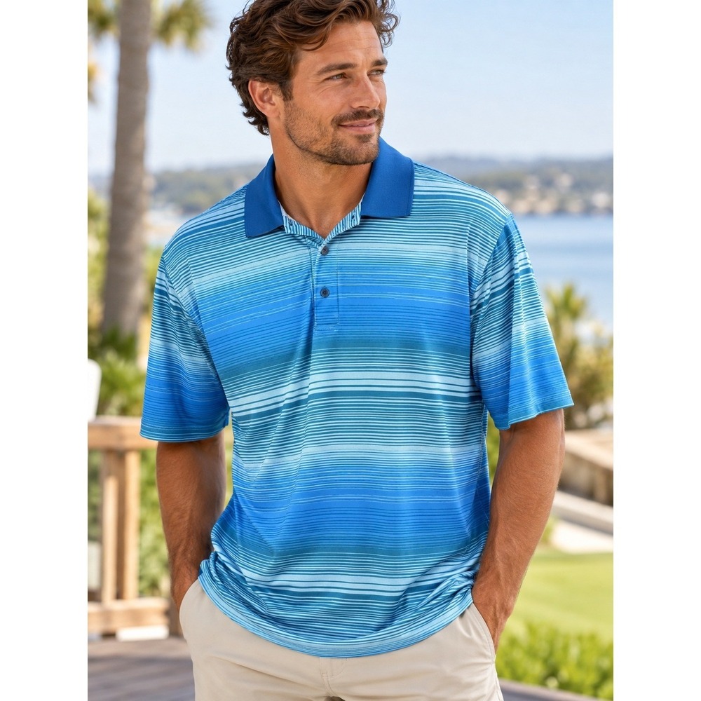Ben Hogan Mens XL Blue Stripe Performance Golf Polo Shirt Athletic Activewear